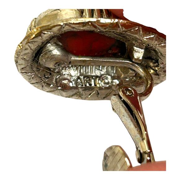 Vintage Art Arthur Pepper Clip On Earrings Faux Red Turquoise Silver Tone - Picture 6 of 6